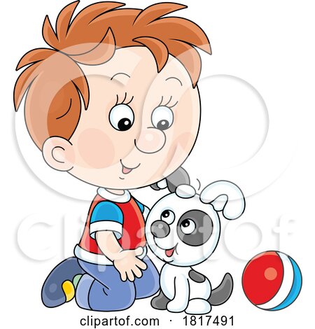 Cartoon Boy Petting His Puppy Licensed Clipart by Alex Bannykh