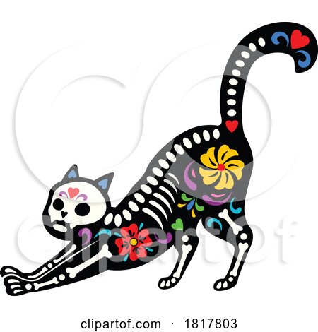 Mexican Day of the Dead Sugar Skull Stretching Cat Skeleton Clipart by Vector Tradition SM