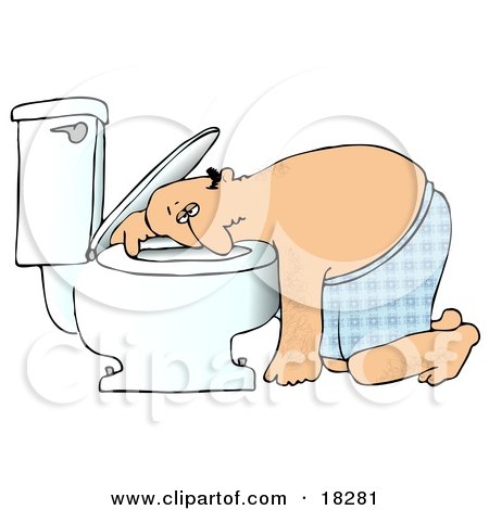 Clipart Illustration of a Sick White Man Resting His Head on the Toilet Bowl After Puking by djart