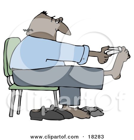 Clipart Illustration of a Bald Hispanic Man Sitting in a Chair and Clipping His Toe Nails by djart