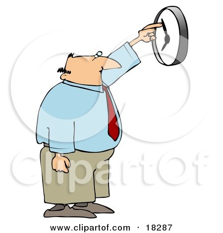 Clipart Illustration of a White Businessman, Anxious to End the Work Day, Moving the Hands of a Wall Clock by djart