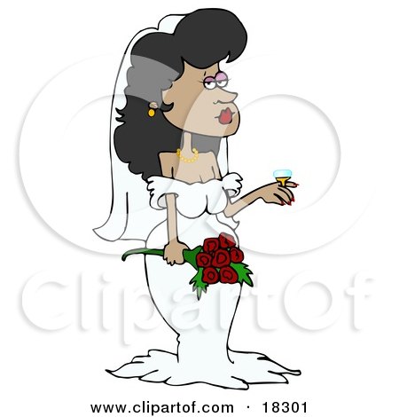 Clipart Illustration of a Stunning Latina Bride In Her Wedding Dress And Veil, Holding A Bouquet Of Roses And Showing Off The Rock Of A Diamond Ring On Her Finger by djart