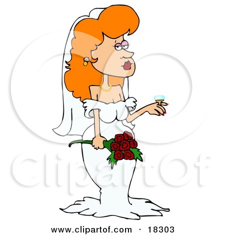 Clipart Illustration of a Stunning White Redhead Bride In Her Wedding Dress And Veil, Holding A Bouquet Of Roses And Showing Off The Rock Of A Diamond Ring On Her Finger by djart