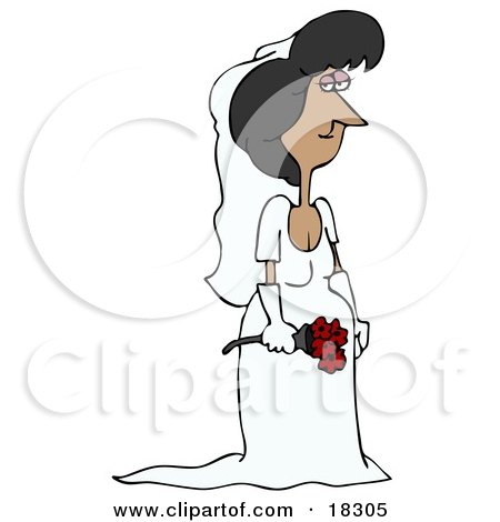 Clipart Illustration of a Pretty Latina Bride Holding A Bouquet Of Red Roses And Posing In Her Veil, Gloves And Wedding Dress by djart