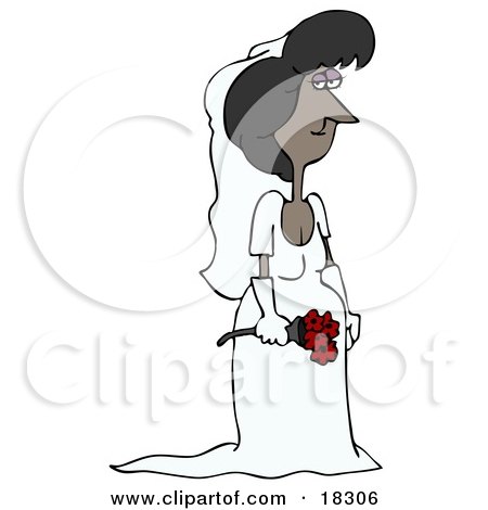 Clipart Illustration of a Pretty Black Bride Holding A Bouquet Of Red Roses And Posing In Her Veil, Gloves And Wedding Dress by djart