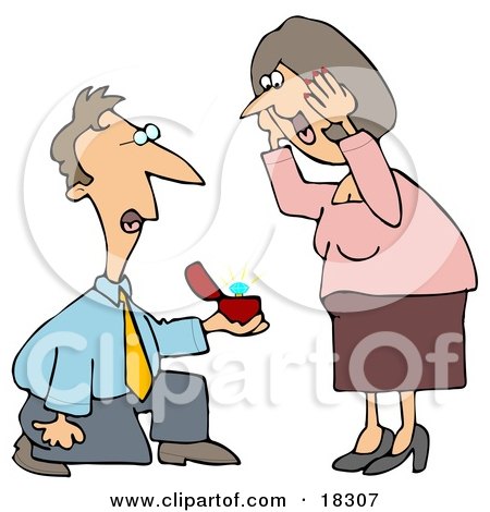Clipart Illustration of a Sweet White Man Kneeling Before a Happy Woman While Popping the Question and Holding Out a Diamond Ring by djart