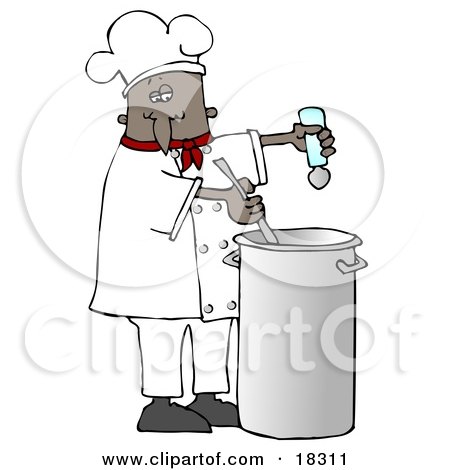 Clipart Illustration of a Black Male Chef In A Red Collared Chefs Jacket And White Chef Hat, Seasoning Soup With A Salt Shaker And Stirring It While Cooking In A Kitchen by djart