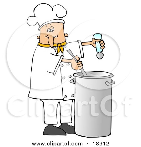 Clipart Illustration of a White Male Chef In A Yellow Collared Chefs Jacket And White Chef Hat, Seasoning Soup With A Salt Shaker And Stirring It While Cooking In A Kitchen by djart
