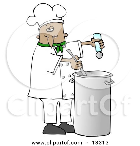 Clipart Illustration of a French or Hispanic Male Chef In A Green Collared Chefs Jacket And White Chef Hat, Seasoning Soup With A Salt Shaker And Stirring It While Cooking In A Kitchen by djart