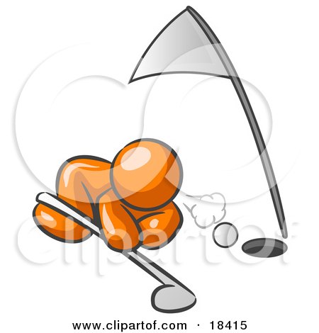 Clipart Illustration of an Orange Man Down On The Ground, Trying To Blow A Golf Ball Into The Hole by Leo Blanchette