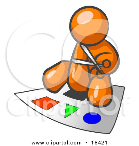 Clipart Illustration of an Orange Man Holding A Pair Of Scissors And Sitting On A Large Poster Board With Colorful Shapes by Leo Blanchette