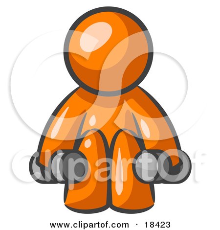 Clipart Illustration of an Orange Man Lifting Dumbbells While Strength Training by Leo Blanchette
