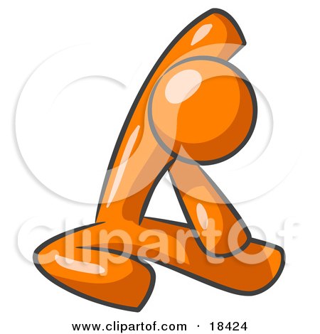 Clipart Illustration of an Orange Man Sitting On A Gym Floor And Stretching His Arm Up And Behind His Head by Leo Blanchette