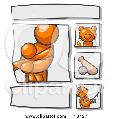 Clipart Illustration of an Scrapbooking Kit Page With An Orange People Family, Cat, Baseball And Man Fishing by Leo Blanchette