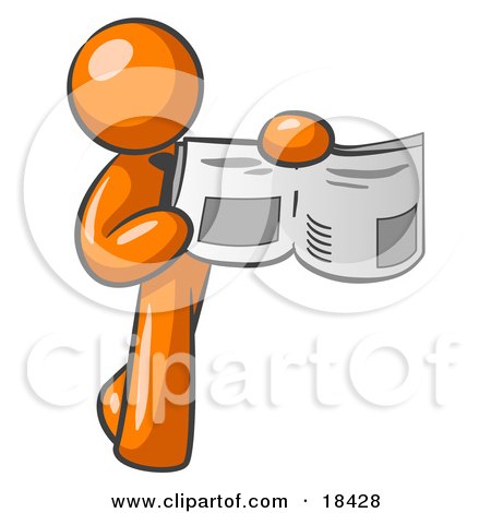 Clipart Illustration of an Orange Man Holding Up A Newspaper And Pointing To An Article by Leo Blanchette