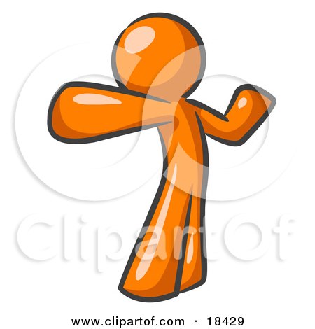Clipart Illustration of an Orange Man Stretching His Arms And Back Or Punching The Air by Leo Blanchette