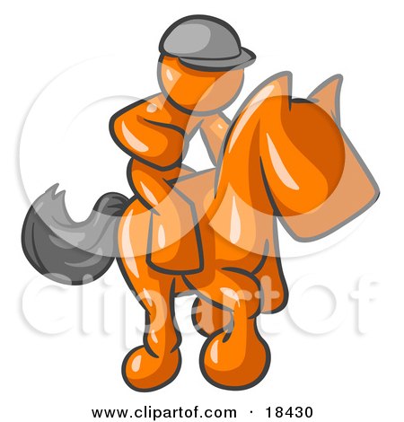 Clipart Illustration of an Orange Man, A Jockey, Riding On A Race Horse And Racing In A Derby by Leo Blanchette