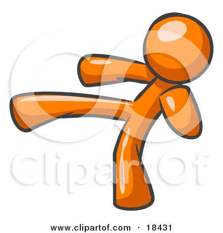 Clipart Illustration of an Orange Man Kicking, Perhaps While Kickboxing by Leo Blanchette