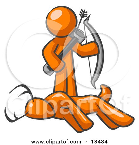 Clipart Illustration of an Orange Man, A Hunter, Holding A Bow And Arrow Over A Dead Buck Deer by Leo Blanchette