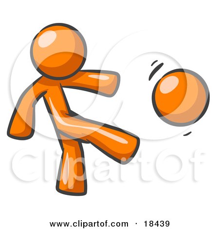 Clipart Illustration of an Orange Man Kicking A Ball Really Hard While Playing A Game by Leo Blanchette