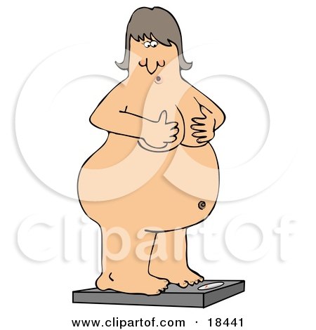 Clipart Illustration of a Chubby, Nude, White Woman Holding Her Brests And Looking Shockingly Down At The Weight Depicted On A Scale by djart