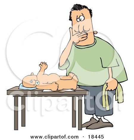 Clipart Illustration of a Disgusted White Man, A Father, Holding His Mouth While Changing A Babie's Diaper by djart