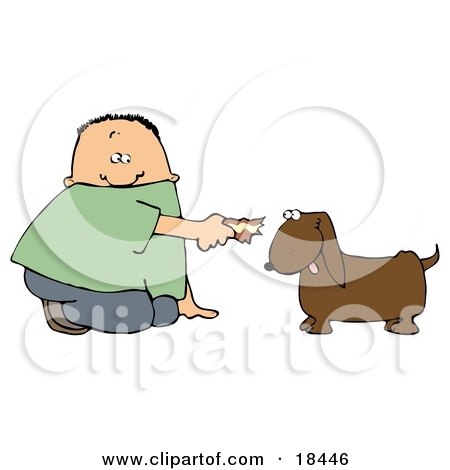 Clipart Illustration of a White Boy Kneeling To Feed A Brown Dog Human Food by djart