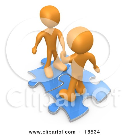 Two Orange People On Blue Puzzle Pieces, Engaging In A Handshake Upon A Deal, Symbolizing Link Exchange And Teamwork Posters, Art Prints