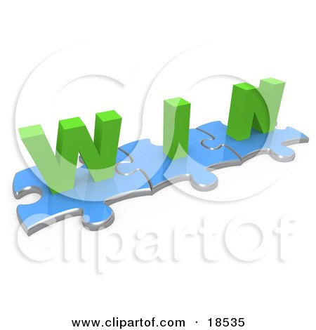 Clipart Illustration of Three Connected Blue Puzzle Pieces With The Word Win In Green Lettering by 3poD
