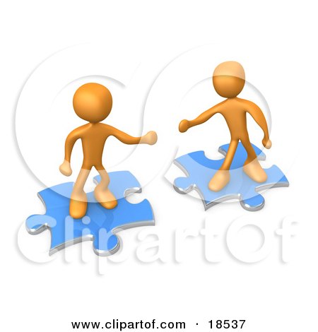 Two Orange People On Blue Puzzle Pieces, Reaching Out For Eachother To Connect, Symbolizing A Connection, Link Exchange And Teamwork Posters, Art Prints