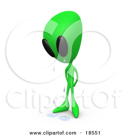 Clipart Illustration of a Really Sad Green Alien Crying And Standing Over a Puddle of Tears by 3poD