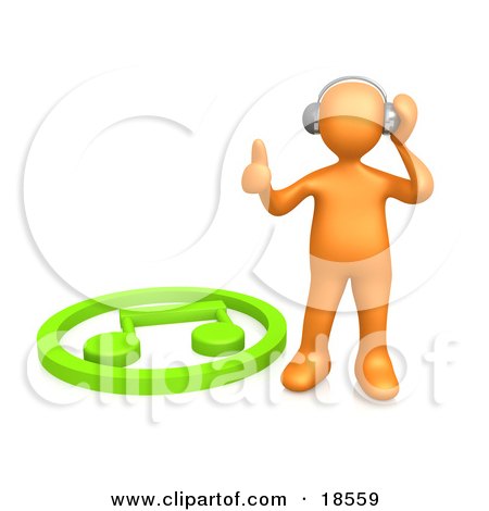 Clipart Illustration of an Orange Person Listening To Music Through Headphones And Standing By A Green Music Note by 3poD