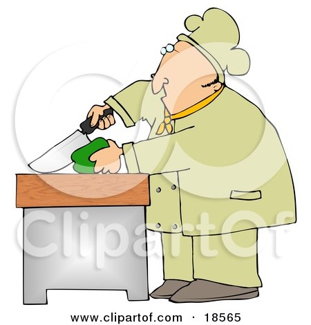 Clipart Illustration of a White Male Chef Carefully Slicing a Green Bell Pepper by djart