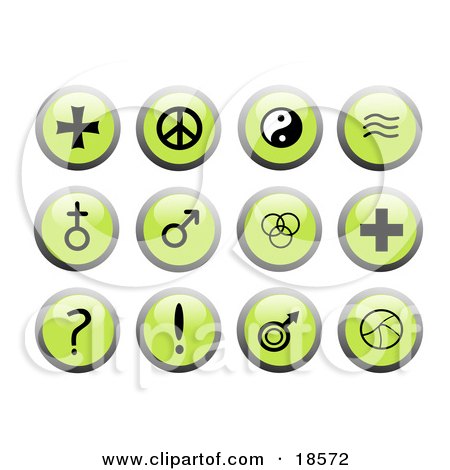 Clipart Illustration of a Set Of Green Icon Buttons With Black And White Popular Symbols And Signs Including A Cross, Peace Sign, Yin Yang, Etc by Rasmussen Images