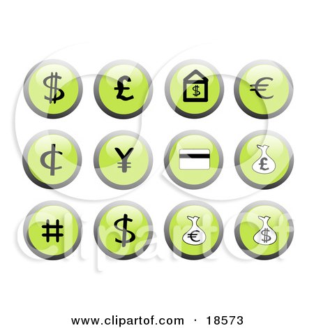 Clipart Illustration of Set Of Green Financial Icon Buttons With Black And White Icons Including A Dollar Sign, Euro Sign, And Money Bags by Rasmussen Images