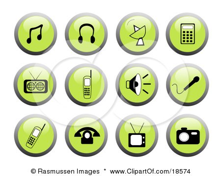 Clipart Illustration of a Set Of Green Media Icon Web Design Buttons With Black And White Icons Including Music Notes, Headphones, A Satellite, Mp3 Player, Radio, Cell Phones, Sound Icon, Microphone, Tv And Camera by Rasmussen Images