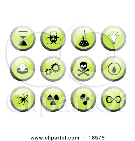 Clipart Illustration of a Set Of Green Buttons With Black And White Science Themed Web Design Icons Including An Hourglass, Science Beaker, Lightbulb, Gears And Cogs, The Jolly Roger, Etc by Rasmussen Images