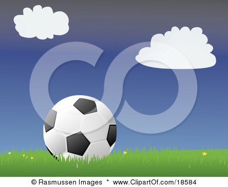 Clipart Illustration of a Black and White Soccer Ball Resting in Grass With Small Yellow Flowers on a Soccer Field by Rasmussen Images