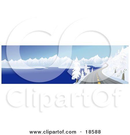 Clipart Illustration of a Curving Mountain Road Meandering Along A Lake Shore And Heading Twoards Snow Covered Mountains In The Winter by Rasmussen Images