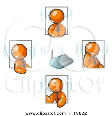 Clipart Illustration of Orange Men Holding A Phone Meeting And Wearing Wireless Headsets by Leo Blanchette