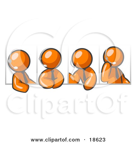 Clipart Illustration of Four Different Orange Men Wearing Headsets And Having A Discussion During A Phone Meeting by Leo Blanchette