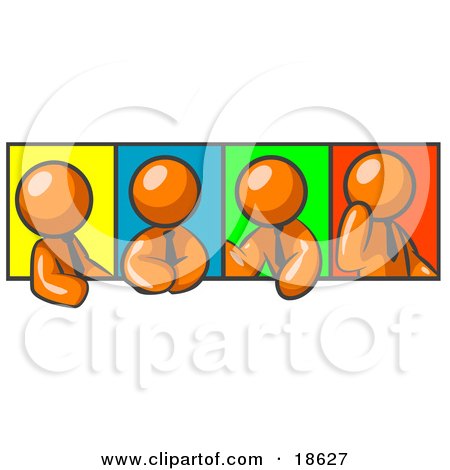 Clipart Illustration of Four Orange Men In Different Poses Against Colorful Backgrounds, Perhaps During A Meeting by Leo Blanchette