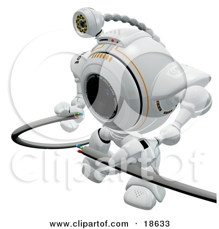 Clipart Illustration of a Robotic Cam Repairing Broken Cables by Leo Blanchette