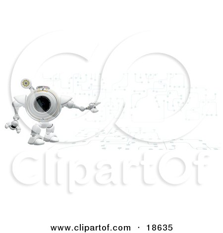 Clipart Illustration of a Robo Cam Standing Against A Circuit Board Background by Leo Blanchette