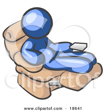 Clipart Illustration of a Chubby And Lazy Blue Man With A Beer Belly, Sitting In A Recliner Chair With His Feet Up by Leo Blanchette
