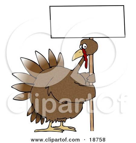 Clipart Illustration of a Large Brown Turkey Bird On A Farm, Picketing And Holding A Blank White Sign While On Strike On A Farm by djart