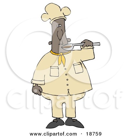 Clipart Illustration of a Black Male Chef Preparing to Taste Food From a Spoon by djart