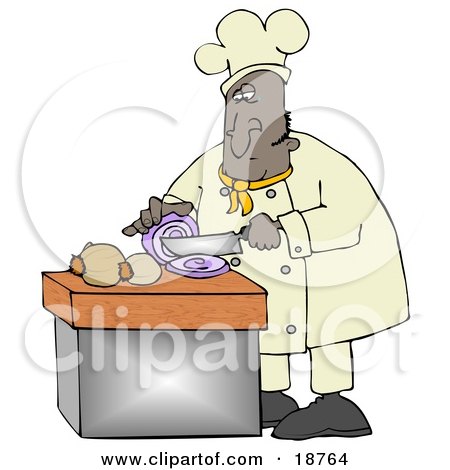 Clipart Illustration of a Black Male Chef Crying While Slicing Purple Onions by djart