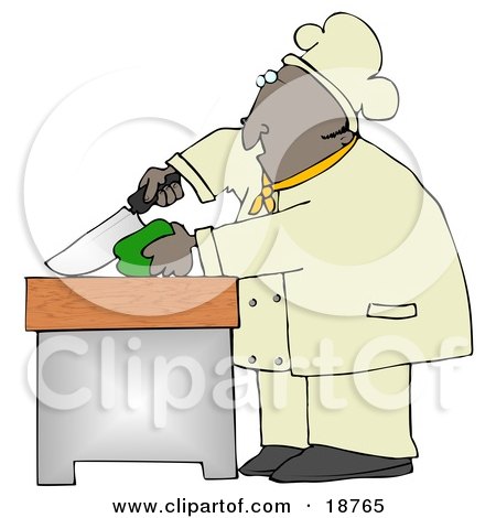 Clipart Illustration of a Black Male Chef Carefully Slicing a Green Bell Pepper by djart