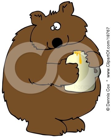 Clipart Illustration of a Wild Brown Bear Holding A Honey Jar And Looking At The Viewer After Being Caught Stealing by djart